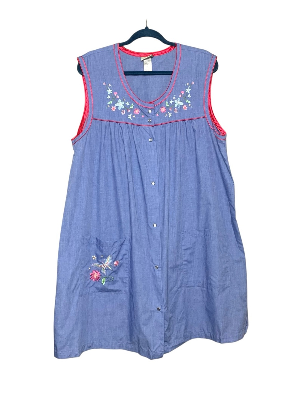 Vintage Blue Sleeveless House Dress Floral Embroidered Sz 1X Snap Button Cottage